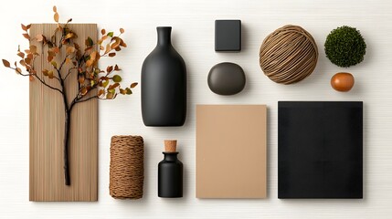 Poster - Meticulously arranged flat lay showcasing an assortment of storage solutions including cardboard wicker and metal containers displayed on a light wooden tabletop