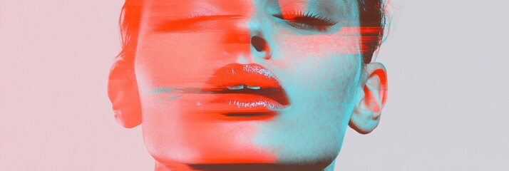 Poster - Sensory Synergy Halftone Wellness Portrait in Vibrant Coral and Teal - Immersive Digital Art for Mindful Brand Storytelling and Creative Marketing