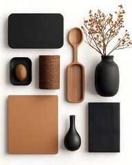 Poster - Meticulously arranged storage containers in a cohesive flat lay design showcasing a diverse range of materials including cardboard wicker and metal on a warm natural wooden surface