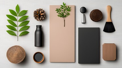 Poster - Meticulously composed flat lay highlighting a diverse collection of storage solutions in cardboard wicker and metal neatly organized on a light wooden background embodying a contemporary