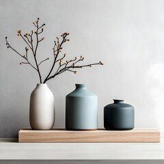 Poster - Meticulously organized array of diverse modern storage containers   including ceramic woven and metal pieces   thoughtfully arranged on a light toned wooden surface in a minimalist