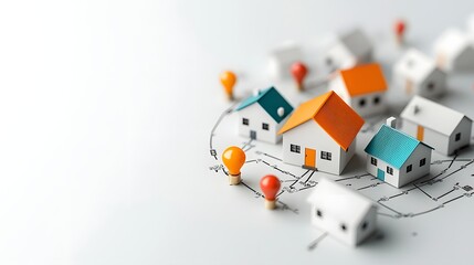 Poster - miniature model homes clustered in a precise neighborhood layout with one prominent orange colored r