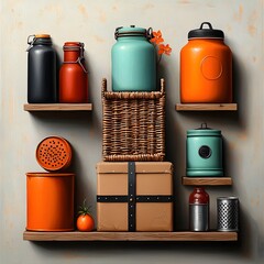 Poster - Meticulously organized display of various storage containers cardboard crates wicker hampers and tin canisters on a pale wood surface