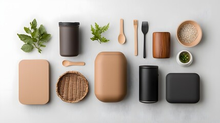Poster - Minimalist and functional flat lay arrangement featuring an assortment of storage containers made from various materials like cardboard wicker and metal