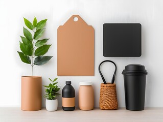 Poster - Minimalist and organized arrangement of various storage containers including cardboard wicker and metal pieces displayed on a light wooden surface for a stylish and inspiring living environment
