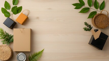 Poster - Minimalist and visually appealing flat lay arrangement showcasing an assortment of natural material storage solutions including cardboard boxes wicker baskets and metal canisters