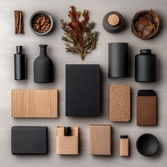 Poster - Minimalist Flat Lay Arrangement Highlighting a Curated Selection of Storage Containers in a Range of Materials Including Cardboard Wicker and Metal