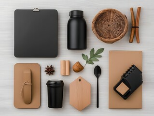 Poster - Minimalist flat lay arrangement showcasing a diverse collection of storage containers made from different materials such as cardboard wicker and metal neatly displayed on a light toned wooden surface