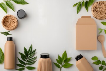 Poster - Minimalist flat lay composition featuring a variety of functional and stylish storage containers made from cardboard wicker and metal neatly arranged on a light wooden tabletop to evoke a serene
