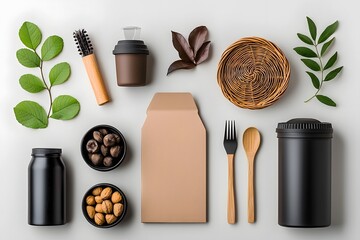 Poster - Minimalist flat lay composition featuring an arrangement of various storage containers including wicker metal and cardboard pieces neatly displayed on a wooden surface  The soft