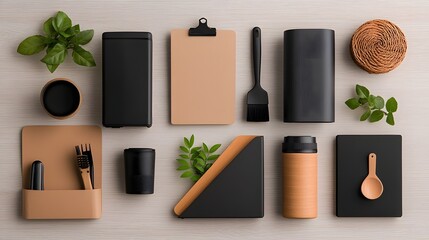 Poster - Minimalist Flat Lay Composition Featuring an Assortment of Functional Storage Containers in Cardboard Wicker and Metal Arranged Neatly on a Light Wooden Background