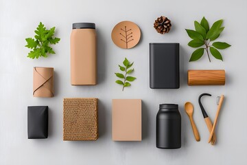 Poster - Minimalist flat lay composition featuring an arrangement of eco friendly storage containers wicker baskets and metal accessories neatly displayed on a bright wooden surface