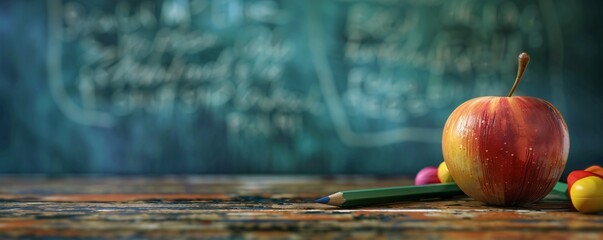 Aufkleber - Red apple and colored pencils are lying on a desk with a blurry chalkboard in the background