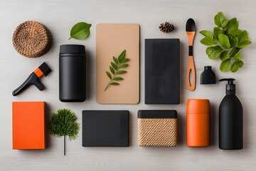 Poster - Minimalist flat lay composition highlighting an organized collection of storage containers in various shapes textures and finishes including cardboard wicker and metal pieces