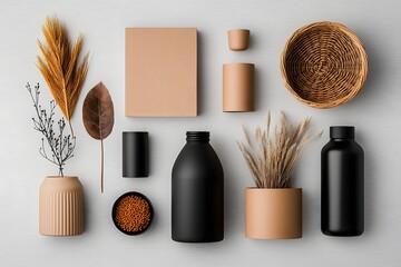 Poster - Minimalist flat lay composition of an assortment of storage containers featuring cardboard wicker and metal pieces neatly arranged on a light wooden surface