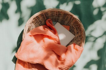 Aufkleber - Soft Textural Minimalism Organic Coral Fabric Draped in Vintage Woven Basket - Contemporary Aesthetic Styling for Lifestyle and Home Decor Trends