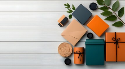Poster - Minimalist flat lay featuring an assortment of functional storage containers in a variety of materials such as cardboard wicker and metal neatly arranged on a light wooden background to create a tidy