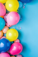 Poster - Vibrant blue background with colorful balloons floating and space for text