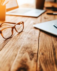 Aufkleber - Minimalist Remote Work Aesthetic Warm Wood Grain Workspace with Sleek Laptop and Designer Eyewear - Digital Nomad Productivity Essentials in High-Performance Home Office Design