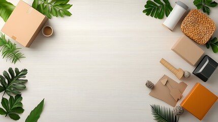 Poster - Minimalist flat lay featuring an assortment of functional storage containers in a variety of materials such as cardboard wicker and metal neatly arranged on a light wooden background to create a tidy