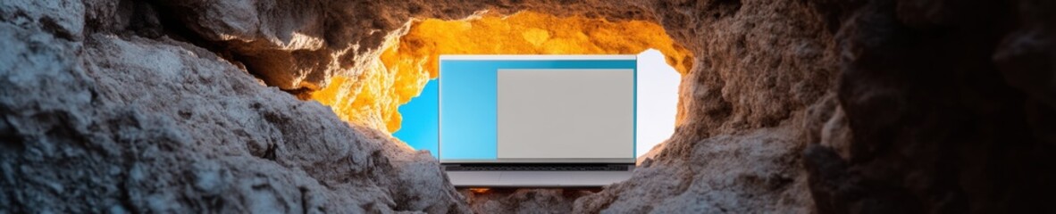 Poster - Digital Frontier Minimalist Laptop Illuminating Remote Work Revolution in Rugged Natural Cave Landscape - Transformative Tech Meets Wilderness Productivity