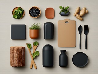 Poster - Minimalist flat lay highlighting an assortment of stylish storage containers in various materials and forms  including cardboard  wicker  and metal pieces