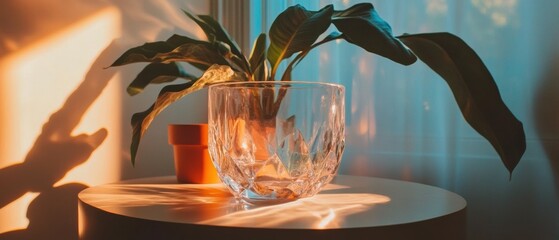 Poster - Golden Hour Botanical Elegance Crystal Glass Vessel with Lush Greenery - Mindful Interior Styling and Contemporary Home Decor Narrative