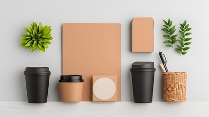 Poster - Minimalist Home Organization Solutions with Assorted Storage Containers in Flat Lay Composition on Wooden Surface Highlighting Practical and Trendy Decor Elements with Clean