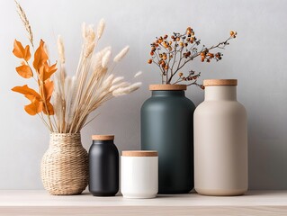 Poster - Minimalist Still Life Arrangement Showcasing an Assortment of Storage Containers Cardboard Wicker and Metal Pieces in Various Shapes and Textures Neatly Arranged on a Light Wooden Surface