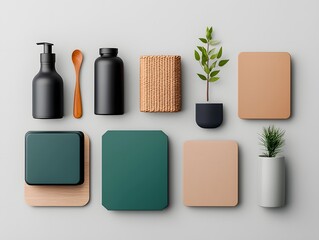 Poster - Neatly Arranged Assortment of Storage Containers in Various Materials and Shapes Showcasing a Tidy and Trendy Home Organization Aesthetic in Minimalist Flat Lay Photography
