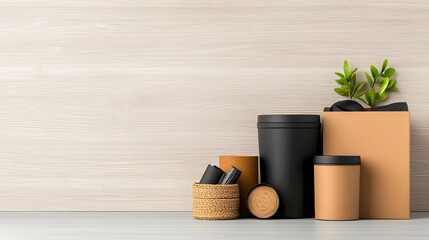 Poster - Neatly arranged assortment of storage containers including cardboard boxes wicker baskets and metal canisters on a light wooden surface