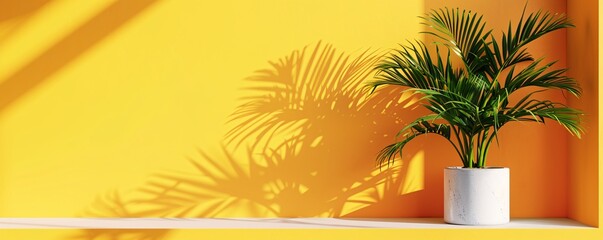 Fototapete - Green tropical houseplant casting shadow on vibrant yellow wall in minimalist composition
