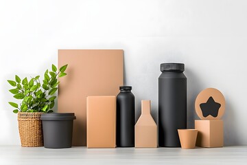 Poster - Neatly Arranged Collection of Storage Containers in Cardboard Wicker and Metal Displayed on a Light Wooden Surface