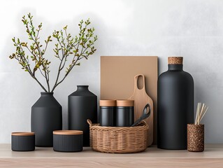 Poster - Neatly arranged curated collection of various storage vessels including cardboard boxes woven wicker baskets