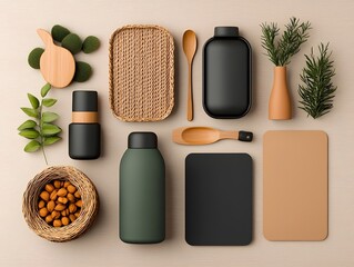 Poster - Neatly arranged flat lay composition of an assortment of storage containers cardboard wicker and metal pieces on a light wooden surface