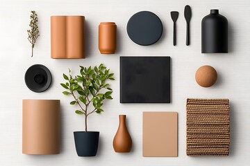 Poster - Neatly arranged flat lay showcasing an artful of various storage containers and decor elements in a harmonious palette of complementary earth toned hues