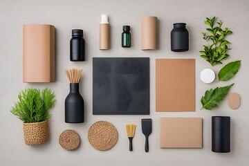 Poster - Neatly Arranged Storage Items in Assorted Textures and Materials on Wooden Backdrop   Capturing Functional Simplicity and Visual Balance with a Scandinavian Minimalist Aesthetic