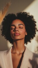 Poster - Serene Self-Care Aesthetic Empowered Gen Z Wellness Portrait with Natural Curls, Soft Lighting, and Mindful Meditation Moment in Neutral-Toned Minimalist Space