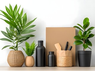 Poster - Neatly organized collection of storage options including cardboard boxes wicker baskets and metal canisters artfully arranged on a light toned wooden table