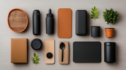 Poster - Neatly organized flat lay display of various storage containers in diverse materials and shapes including cardboard wicker and metal