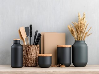 Poster - Organized and minimalist Scandinavian inspired still life composition featuring an assortment of versatile cardboard wicker