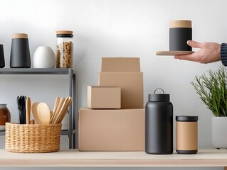 Poster - Organized and Aesthetically Pleasing Home Decor Storage Solution with Cardboard Boxes Wicker Baskets and Metal Shelves on a Light Wooden Tabletop