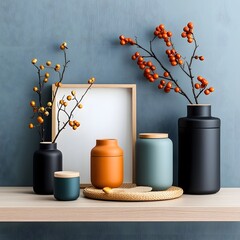 Poster - Organized display of various storage containers including cardboard wicker and metal constructions set against a light wooden surface  A curated minimalist and practical home organization scene