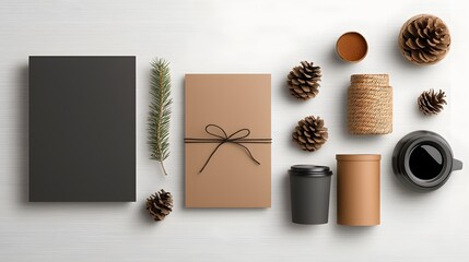 Poster - Organized flat lay featuring an assortment of cardboard wicker and metal storage containers and accessories displayed on a light wooden table