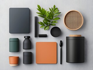 Poster - Organized flat lay showcasing a variety of assorted storage containers made from different materials like cardboard wicker and metal displayed on a light wooden table