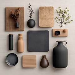 Poster - Overhead flat lay highlighting a curated collection of storage containers in diverse shapes and textures such as cardboard wicker and metal