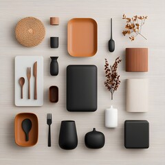 Poster - Overhead flat lay showcasing a visually striking and functional home organization display featuring a curated collection of storage containers in diverse shapes textures