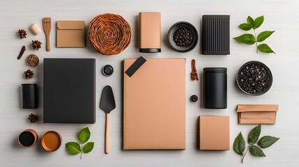 Poster - Overhead shot of an exquisitely arranged assortment of storage items including cardboard boxes wicker baskets and metal tins beautifully showcased on a light wooden tabletop