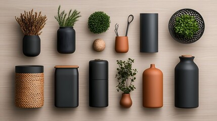 Poster - Overhead view of an artfully arranged assortment of sleek metal canisters rustic wicker baskets and various decorative storage containers displayed on a pale wooden tabletop