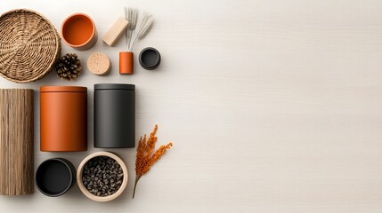 Poster - Overhead view of an artfully arranged assortment of sleek metal canisters and rustic wicker baskets displayed on a pale wooden tabletop